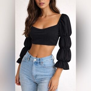 Renaissance Balloon Long Sleeve Black Crop Top Women’s Sz S EUC